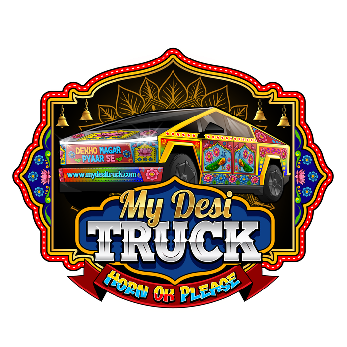 My Desi Truck side profile showing full truck-art wrap and Dekho ! Magar Pyar Se !! tagline