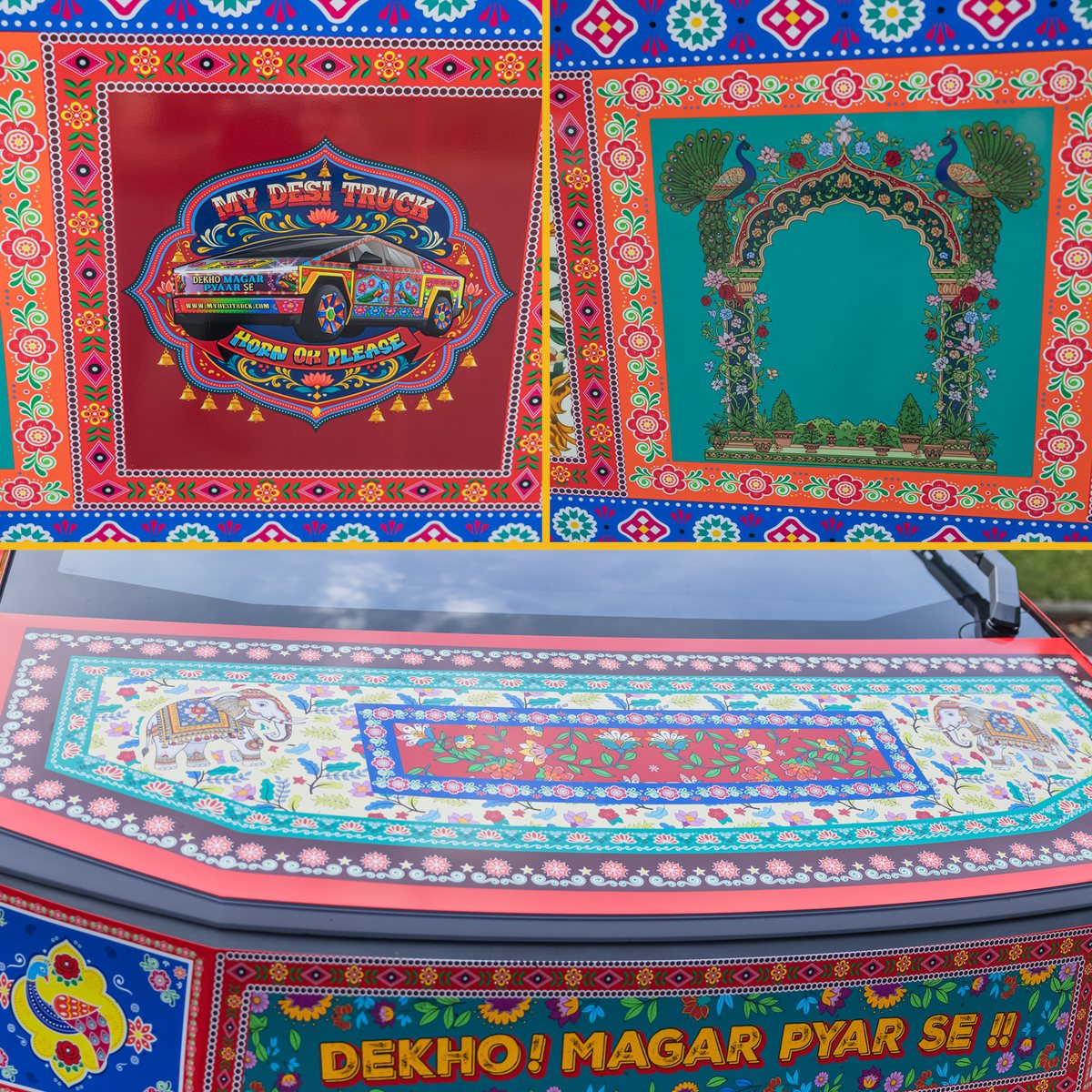 My Desi Truck signage — the Horn OK Please badge, a peacock archway panel, and the Dekho Magar Pyar Se hood banner