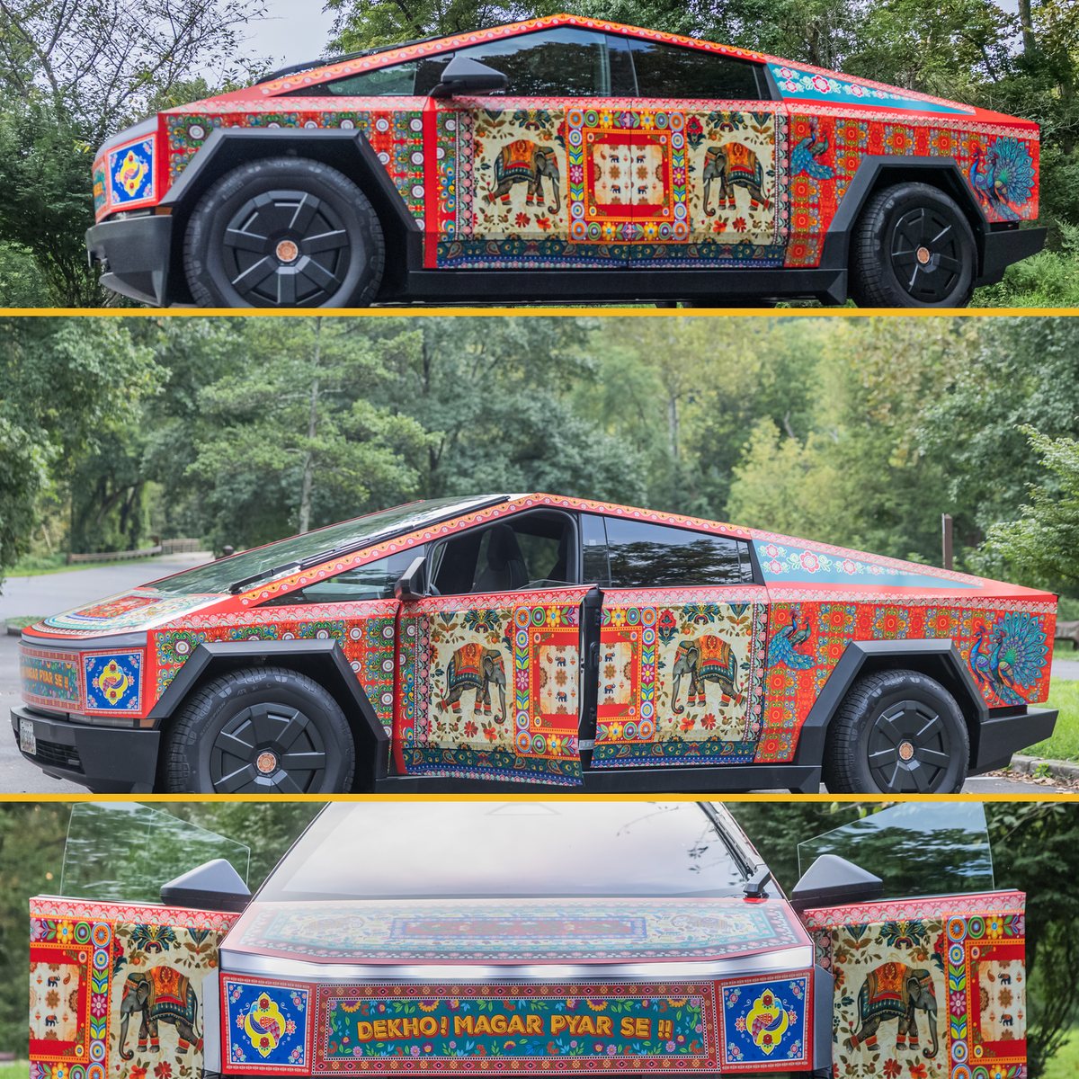Desi Cybertruck for Indian wedding Baraat — side profile with reflection, side view in woodland, and front view with doors open showing Dekho Magar Pyar Se