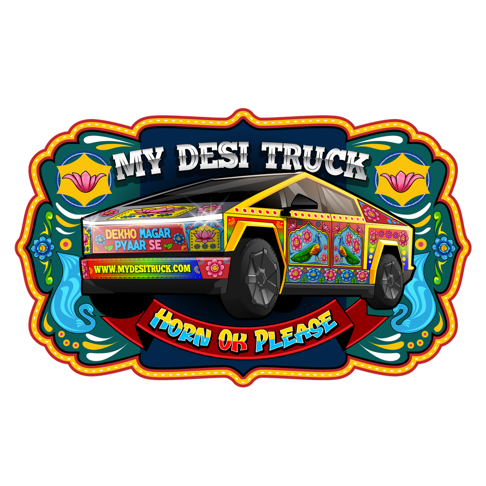 My Desi Truck wide badge showing peacock and lotus wrap details